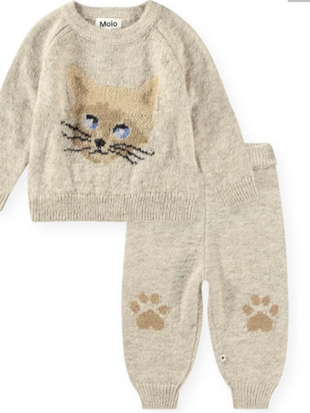 Molo European Beige Knit Cat Sweater and Paw-Print Pants Set